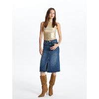 Cotton Denim High Waist Midi Skirt with Slit