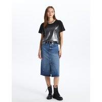 Dexia Women's Cotton Denim High Waist Midi Skirt with Slit in Mid Blue | Size: 28