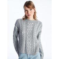 Dexia Women's Crew Neck Metallic Print Cable Knit Silver Jumper - Textured Design | Size: Small