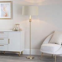 ValueLights Marissa Fabric Drum Shade with Brushed Gold Stacked Ball Floor Lamp in Nude