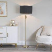 ValueLights Marissa Fabric Drum Shade with Brushed Gold Stacked Ball Floor Lamp in Charcoal