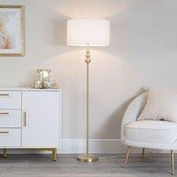 ValueLights Marissa Fabric Drum Shade with Brushed Gold Stacked Ball Floor Lamp in White