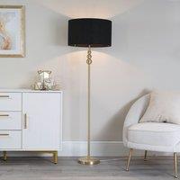 ValueLights Marissa Fabric Drum Shade with Brushed Gold Stacked Ball Floor Lamp in Black