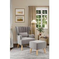 Grey Linen Stripe Curved Wing Back Armchair with Cushion and Footstool