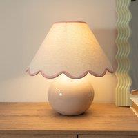 ValueLights Bosco Natural Stone Globe Ceramic Table Lamp with Linen Scalloped Shade & Bulb in Pink