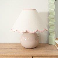 ValueLights Bosco Natural Stone Globe Ceramic Table Lamp with Linen Scalloped Lamp Shade in Pink