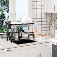 HOMCOM Space Saving Over The Sink Dish Drying Rack 2 Tier Dish Drainer in Black