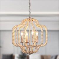 4-Light Boho Vintage Farmhouse Wood Beaded Pendant Light