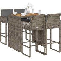 5 Piece Garden Bar Set with Cushions Grey Poly Rattan Acacia
