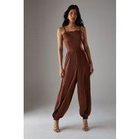 Satin Lace Trim Elasticated Cuff Strappy Jumpsuit