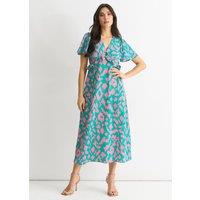 Gini London Women's Green Animal Print V Neck Ruffle Midi Dress | Size: 12