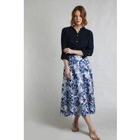 Weird Fish Women's Harini Cotton Double Cloth Printed Midi Skirt in Blue | Size: 12