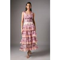 Printed Tiered Organza Strappy Dress