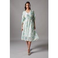 Coast Women's Printed Broderie Ruched Sleeve Dress in Sage | Size: 10