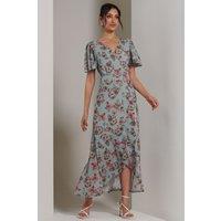 Jolie Moi Women's Printed Mesh Frill Dip Hem Dress in Green | Size: 10