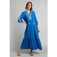 Weird Fish Women's Arles Cotton Embroidered Double Cloth Dress in Mid Blue | Size: 8