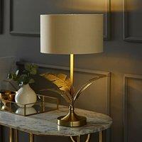 ValueLights Christina Fabric with Gold Inner Drum Shade Gold Palm Leaf Table Lamp with Bulb in Natural