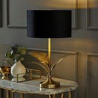 ValueLights Christina Velvet with Gold Inner Drum Shade Gold Palm Leaf Table Lamp with Bulb in Black