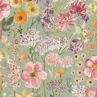 Grandeco Spring Wild Flowers Trail Smooth Wallpaper in Green