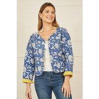 Yumi Women's Blue Floral Reversible Cotton Quilted Jacket | Size: 14