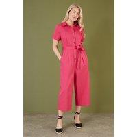 Pink Viscose Twill Button Up Utility Style Jumpsuit