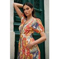 Yumi Women's Multicolour Floral Patchwork Print Midi Shirt Dress | Size: 14