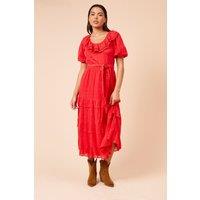 Dorothy Perkins Women's Scoop Neck Ruffle Tiered Midi Dress in Red | Size: 12