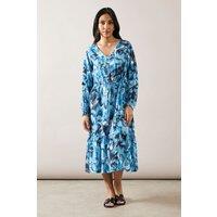 Wallis Women's Petite Blue Abstract Drawstring Viscose Midi Dress | Size: 10