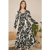 Yumi Women's Black Abstract Print Ruched Midi Dress With Long Sleeves | Size: 8