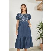 Yumi Women's Blue Chambray Denim Midi Dress With Embroidery & Puff Sleeves | Size: 12
