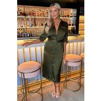 AX Paris Women's Olive Satin Belted 3/4 Sleeve Gold Buttons Shirt Midi Dress | Size: 10