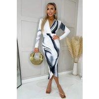 AX Paris Women's Black & White Wave Print Long Sleeve Wrap Midi Dress | Size: 8