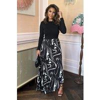 AX Paris Women's Black Abstract Stripe Print 2 in 1 Long Sleeve Pleated Skirt Midi Dress | Size: 8