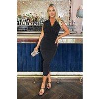 AX Paris Women's Black Sparkle Wrap Top Ruched Skirt Midi Dress | Size: 8