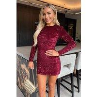 AX Paris Women's Wine Velvet Sequin Long Sleeve Mini Dress | Size: 14