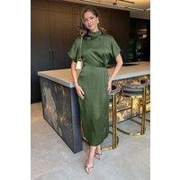 AX Paris Women's Olive Satin High Neck Wrap Skirt Midi Dress | Size: 10