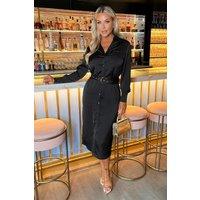 AX Paris Women's Black Satin Belted 3/4 Sleeve Gold Buttons Shirt Midi Dress | Size: 8