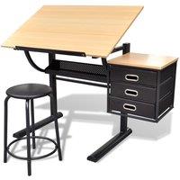 Three Drawers Tiltable Tabletop Drawing Table with Stool