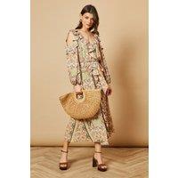 Oasis Women's Paisley Printed V Neck Cold Shoulder Belt Detail Midi Dress | Size: 10