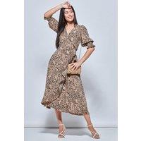 Jolie Moi Women's Animal Print Crepe Wrap Midi Dress in Stone | Size: 10