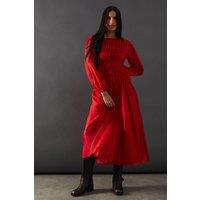 Warehouse Women's Shirred Chiffon Panel Bodice Midi Dress in Dark Red | Size: 12