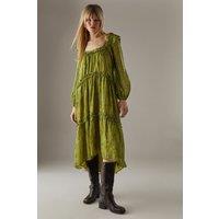 Warehouse Women's Snake Shadow Stripe Ruffle Square Neck Smock Midi Dress in Gold | Size: 8