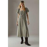 Warehouse Women's Dobby Chiffon Button Bodice Godet Seam Midi Tea Dress in Khaki | Size: 8