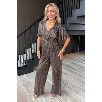 AX Paris Women's Bronze Plisse Buckle Detail Wrap Jumpsuit | Size: 8