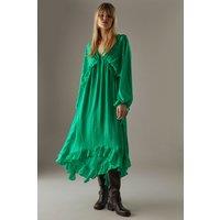 Warehouse Women's Shadow Stripe Volume Sleeve Hanky Hem Midaxi Dress in Green | Size: 12