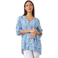 Roman Women's Floral Printed Button Detail Top in Blue | Size: 10
