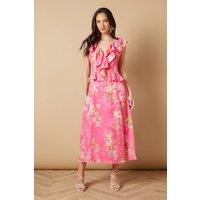 Oasis Women's Floral Ruffle Detail V Neck Midi Dress in Bubblegum | Size: 8