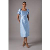 Textured Fitted Midi Dress With Puff Sleeve