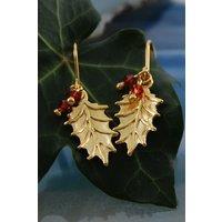 Otis Jaxon London Women's Holly Leaf Sterling Silver Garnet Drop Earrings in Gold