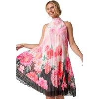 Roman Women's Petite Floral Halter Pleat Dress in Coral | Size: 12